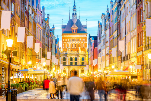 Night view on the illuminated main street in the center of the old town in Gdansk, Poland