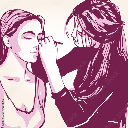 Woman visagist makeup artist paints on the face of his client. Illustration 

