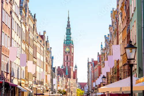 Morning view on the central street with town hall in the old town of Gdansk, Poland