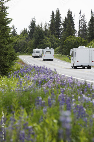 Recreational vehicles on a rural road, Alaska, USA