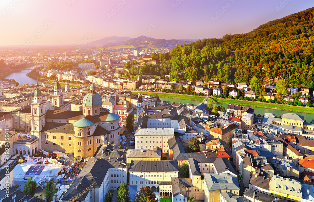 Aerial panoramic view of the historic city of Salzburg with Salz