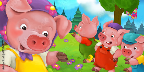 Fototapeta Cartoon scene with mother pig and kids - illustration for children