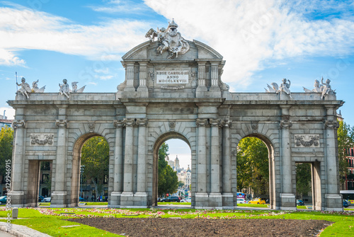 Monument in city of Madrid. Puerta de Alcalá stands at Plaza de la Independencia in the heart of the city. It once served to visiting & reigning elite as the gateway to the city. 