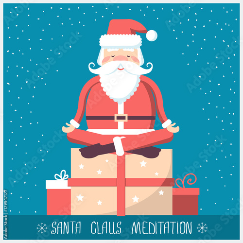 Santa claus doing yoga meditation and sitting on big present box