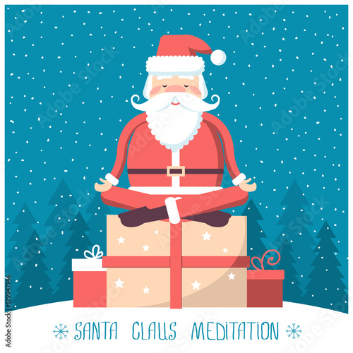 Santa  meditation and sitting on big present box in snow winter