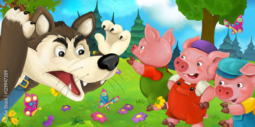 Fototapeta Cartoon scene with some pigs and wolf - illustration for children