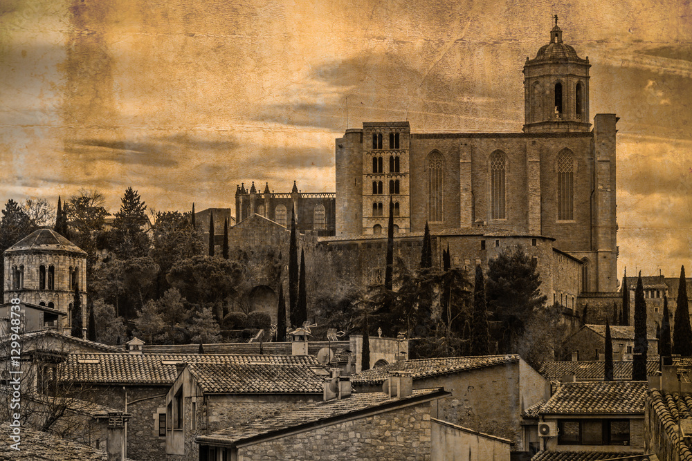 Postkarte der Außenansicht der Kathedrale Santa Maria von Girona, Katalonien, Spanien, im vintage look