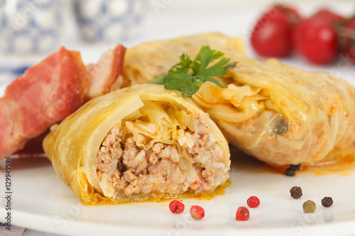 Stuffed cabbage rolls. Sauerkraut cabbage with rice, minced meat and smoked bacon or ham.