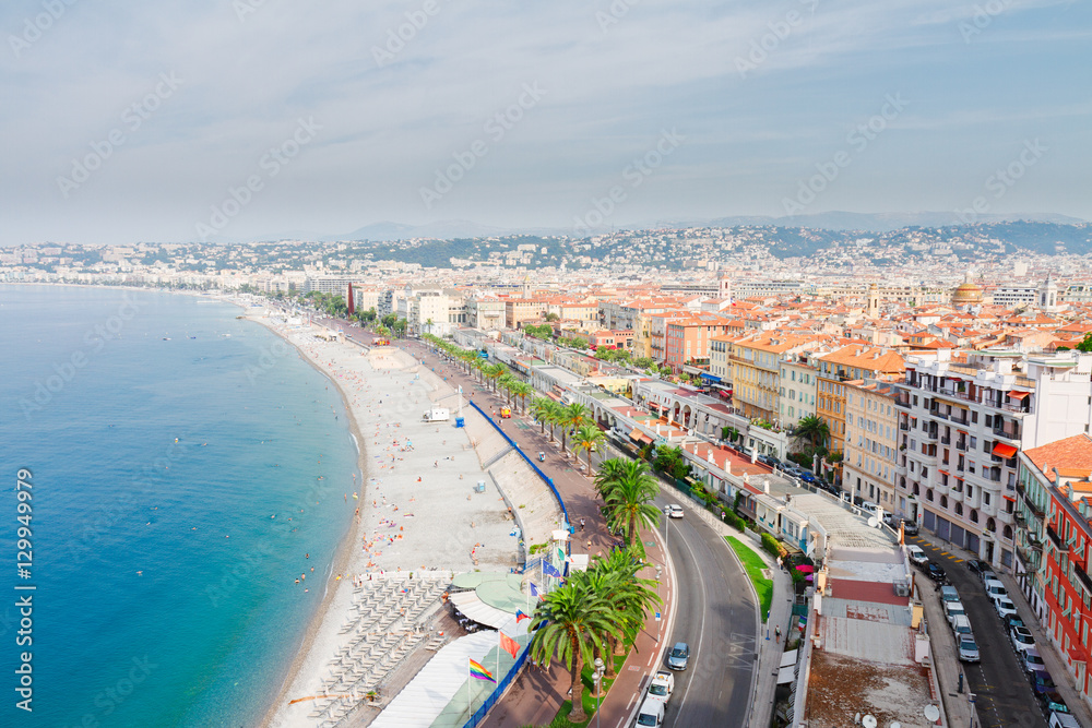 cityscape of Nice with beach and sea from above, cote dAzur, France