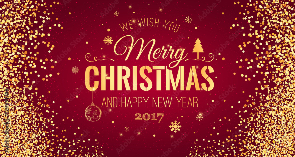Christmas and New Year typographical on red background with Gold ...