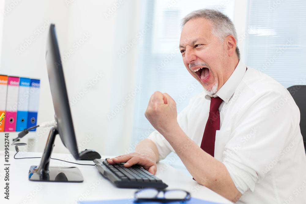 Obraz premium Very happy businessman looking at his computer monitor