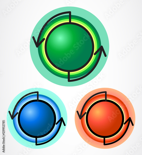 Three colored buttons: green, red and blue with a thin black arrow around the directional and multi-colored circles at the base, vector illustration