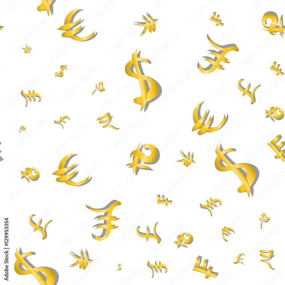 Seamless pattern of main money currency signs different sizes on white. Vector illustration