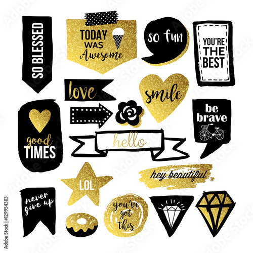 Stylish hand drawn stickers and labels in black and gold for gra