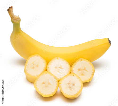 Bananas and slices isolated on a white background. Flat lay, top