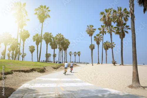 People enjoying a sunny day on the beach of Venice, California