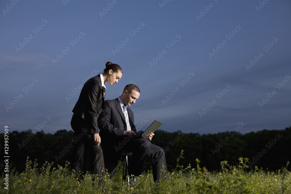 Side view of a business couple using laptop in the field Side view of a business couple using laptop in the field
