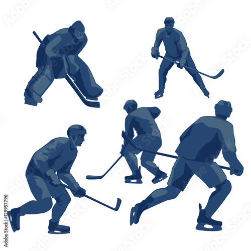 Silhouettes ice hockey players: defenders, forwards and goalkeeper.