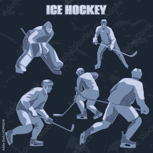 Silhouettes ice hockey players: defenders, forwards and goalkeeper.