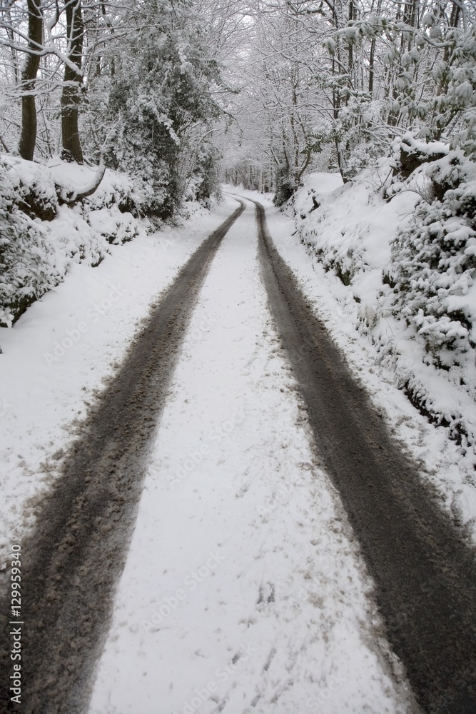 Fototapeta premium Snow covered dirt road in countryside. Kent England.