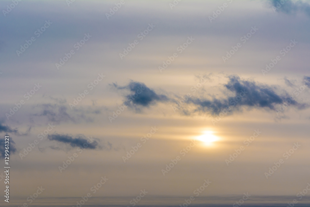 sunset in the shroud, the sky with clouds merges with the earth and can not see the horizon