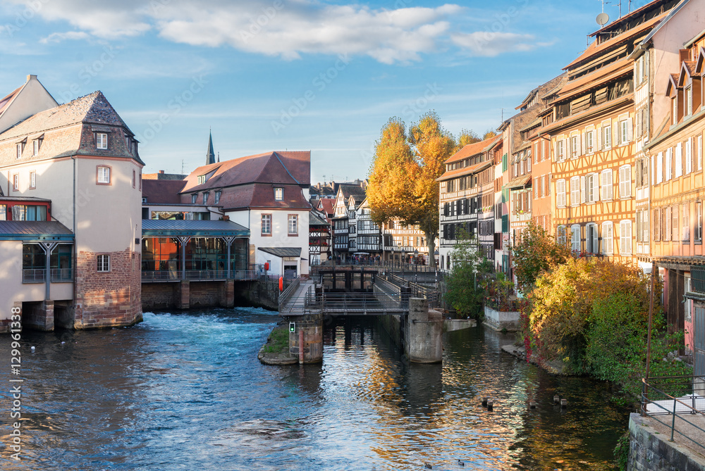 canal and gateway of Petit France medieval district of Strasbourg, France