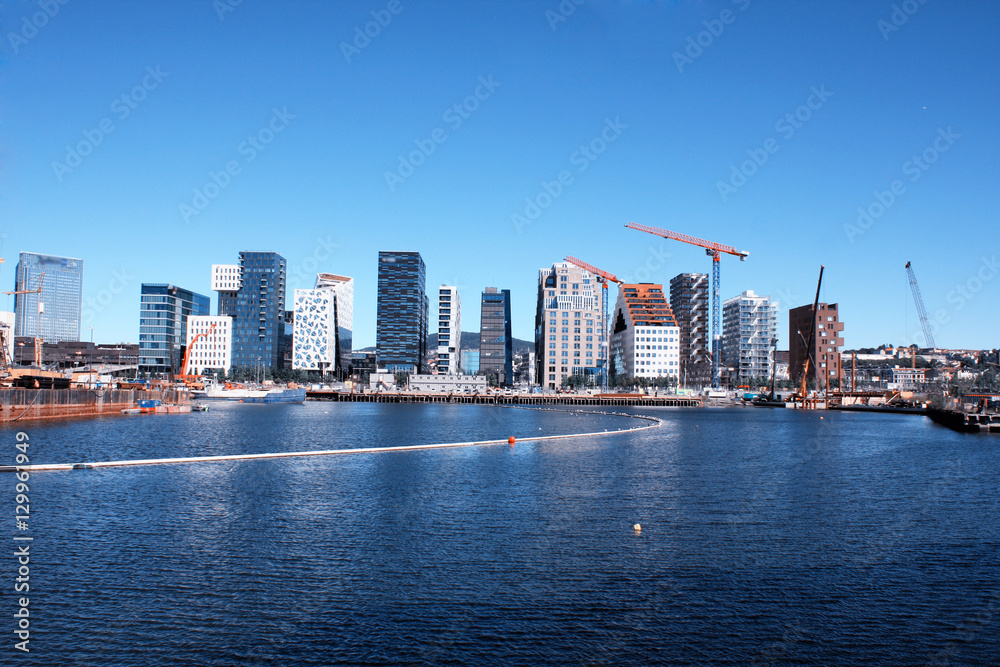View on modern district with lux apartments and restaurants in Oslo, Norway