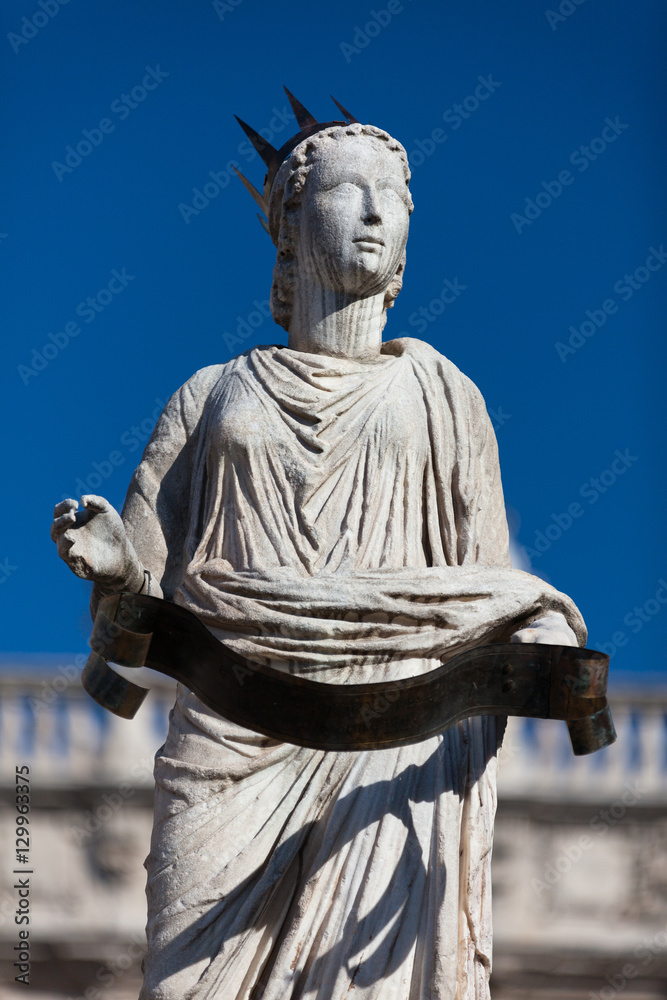 Ancient Statue of Fountain Madonna Verona on Piazza delle Erbe, Italy Ancient Statue of Fountain Madonna Verona on Piazza delle Erbe, Italy