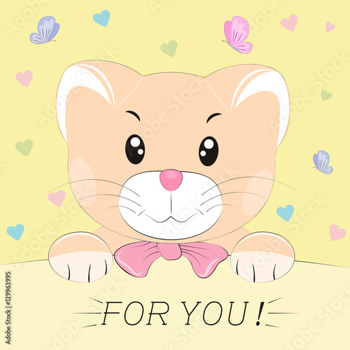 Good cute cat. Greeting card.Yellow background