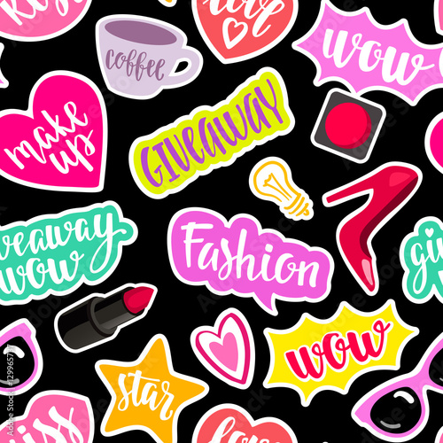 Seamless pattern fashion elements in patch style.