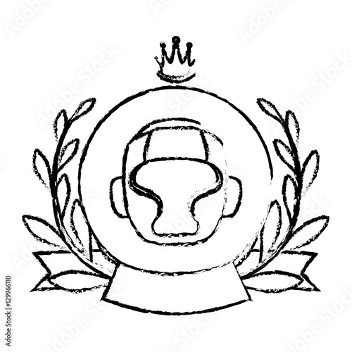 decorative wreath of leaves with boxing helmet icon over white background. vector illustration