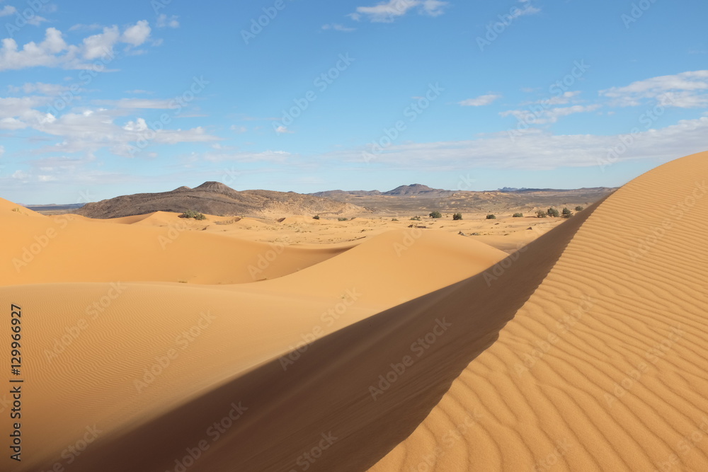 Sahara Desert Landscape with Dunes and Mountains in Morocco