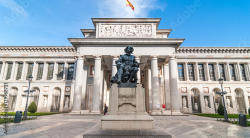 Clear sky and warm day for a visit to The Prado Museum.  Front entrance and terrace to the Museo del Prado, Spanish national art museum, located in central Madrid.