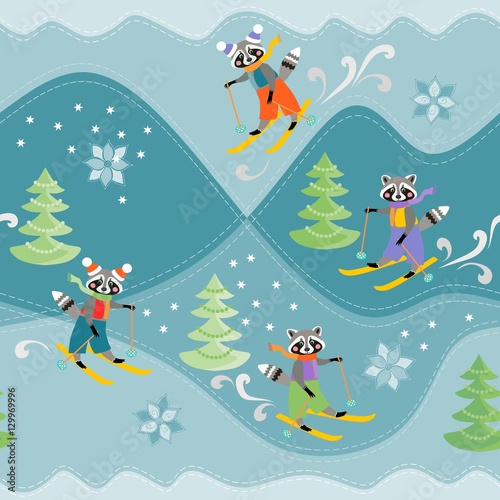 Cute funny raccoons on skiing. Winter seamless pattern. Print for fabric.