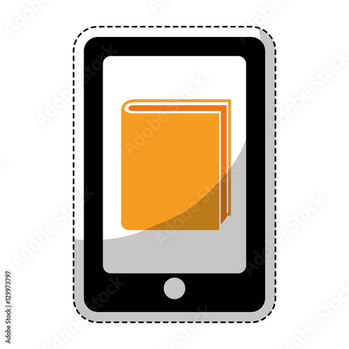 Sticker of smartphone device with ebook icon over white background. electronic book design. vector illustration
