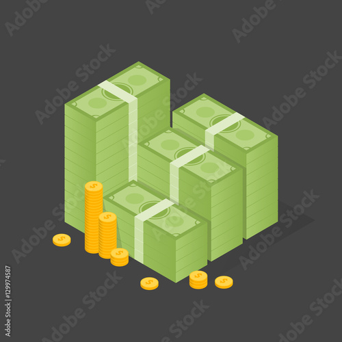 Big stacked pile of cash and some gold coins. Flat style illustration