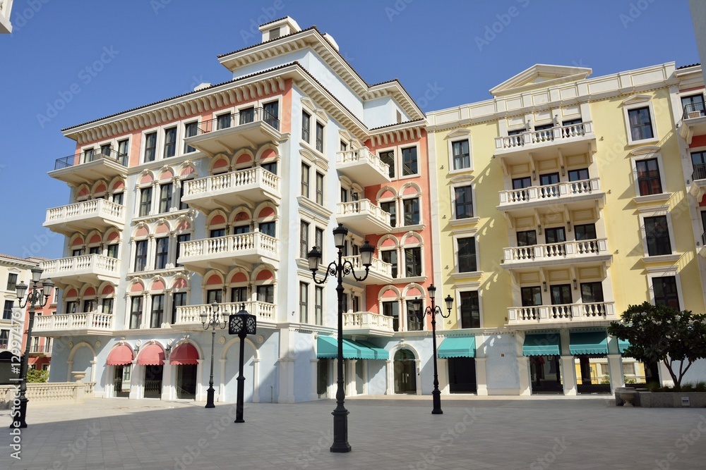 Building in Venice-like Qanat Quartier of the Pearl precinct of Doha, Qatar.