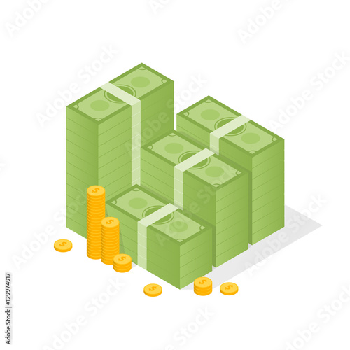 Big stacked pile of cash and some gold coins. Flat style illustration