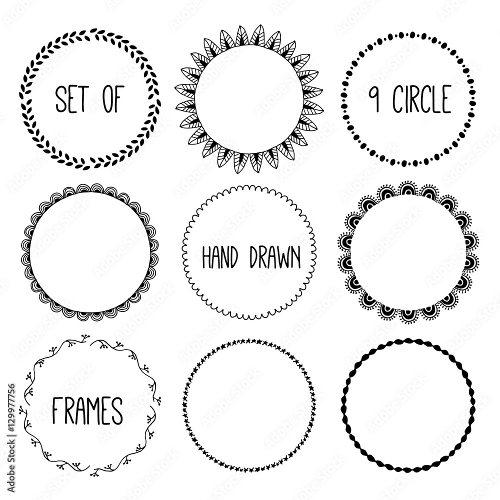 Hand drawn pencil frame. Sketch design concept. Set of circle frames isolated. Hand drawn pencil frame. Sketch design concept. Set of circle frames isolated.
