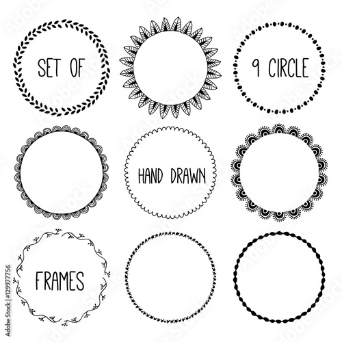 Hand drawn pencil frame. Sketch design concept. Set of circle frames isolated.