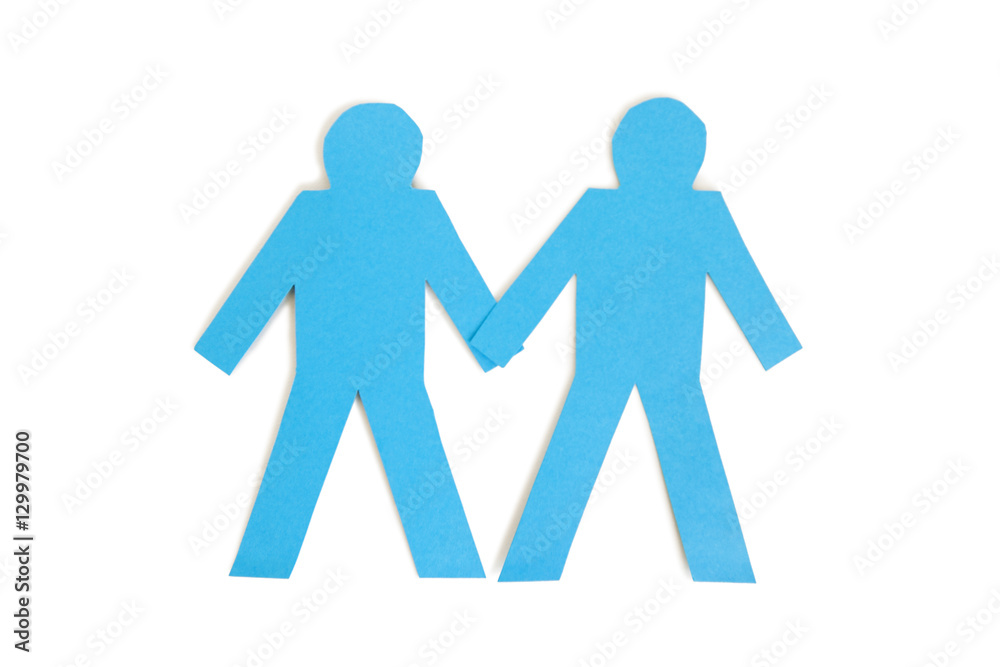 Two blue paper stick figures holding hands over white background Two blue paper stick figures holding hands over white background