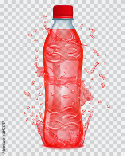 Transparent water splashes in red colors around a plastic bottle with red juice. Transparency only in vector file
