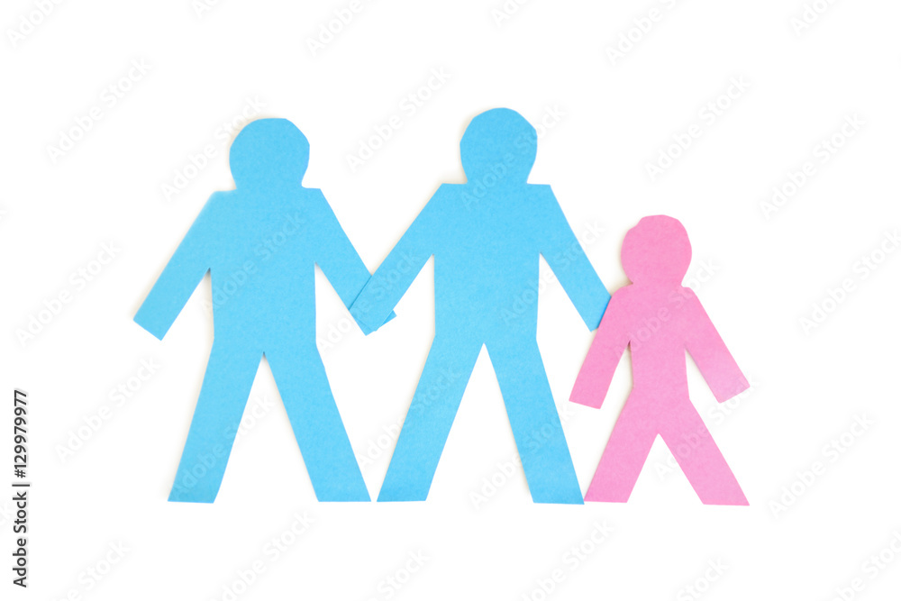 Paper cut outs of three stick figures over white background Paper cut outs of three stick figures over white background