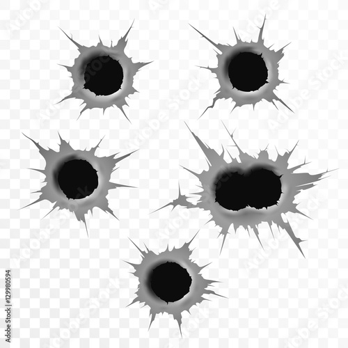 Set of six bullet holes. Isolated on white transparent background. Vector illustration, eps 10.
