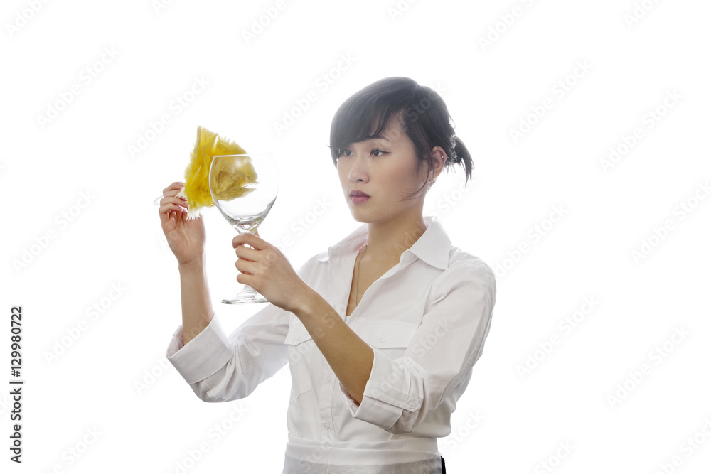 Asian house cleaner cleaning glass with backlit over white background Asian house cleaner cleaning glass with backlit over white background
