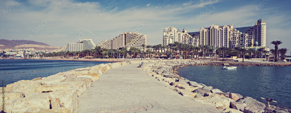 Fototapeta premium Central beach in Eilat – famous resort and recreation town in Israel . Image toned for retro style 