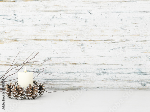Vintage interior closeup with candle and pine cones on empty wooden wall background. 3D rendering.
