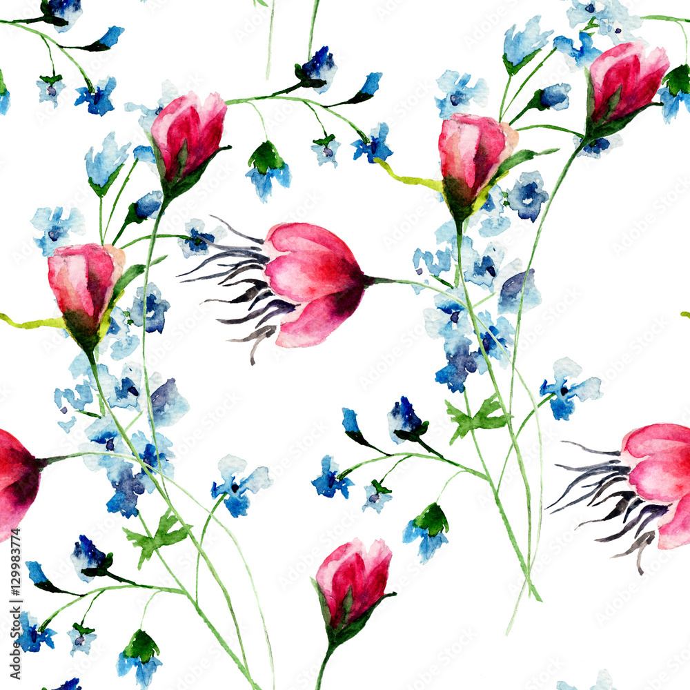 Fototapeta Bezszwowa tapeta z dzikimi kwiatami