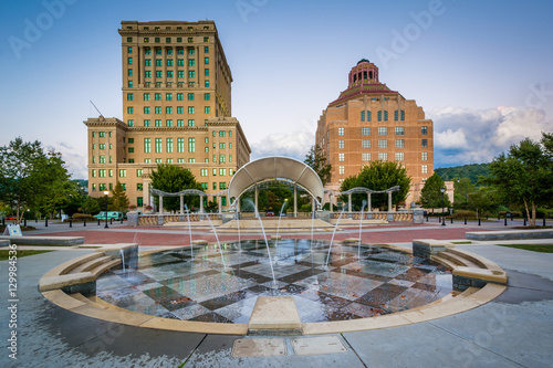 Fountains and buildings at Pack Square Park, in downtown Ashevil