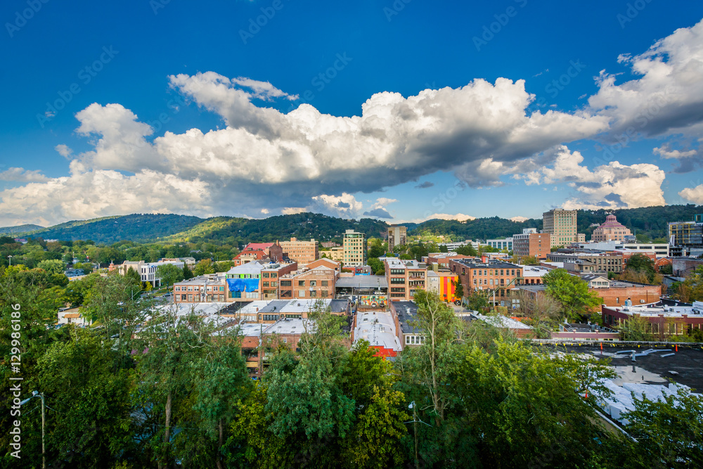 View of mountains and buildings in downtown Asheville, North Car